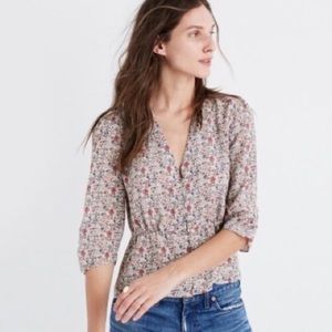Madewell Shadow Petal Floral Silk Peplum Button Front Top Cream Pink Navy Sz 14